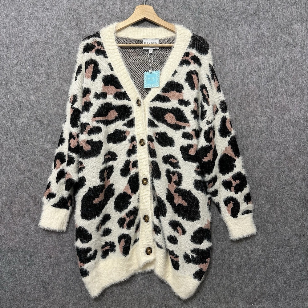 NEW Hayden Leopard Print Fuzzy‎ Cardigan Women's L Button Front Sweater Cozy